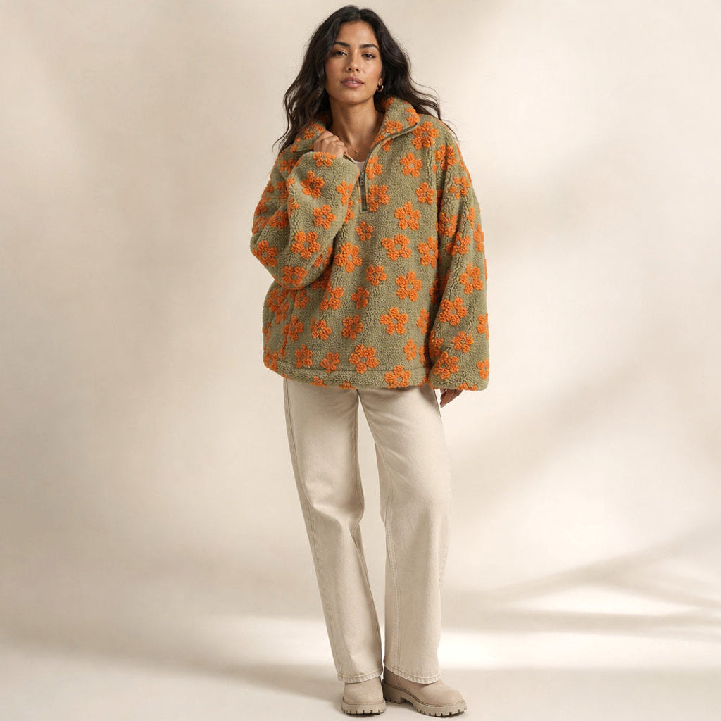 Lottchen | Sherpa-Pullover mit Blumenmuster Orange – Gesamtlook