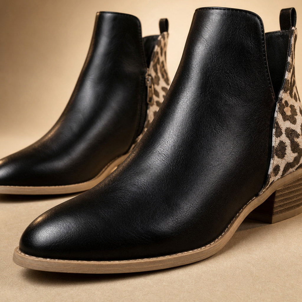 Ludwinde | Chelsea Boots Schwarz mit Leopardenpanel Schwarz – Stoff- und Detailaufnahme