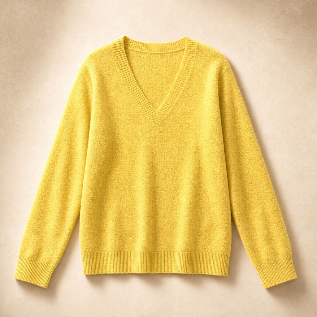 Luise | Feinstrick-Pullover mit V-Ausschnitt Gelb – Produktfoto