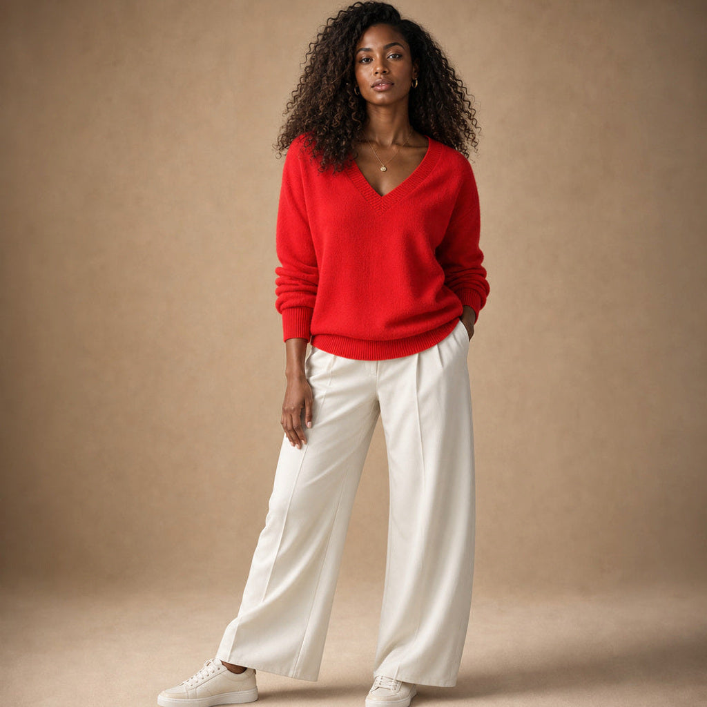Luise | Feinstrick-Pullover mit V-Ausschnitt in Rot – Premium Editorial