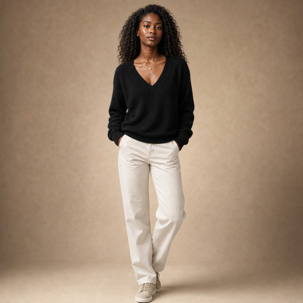 Luise | Feinstrick-Pullover mit V-Ausschnitt in Schwarz – Premium Editorial