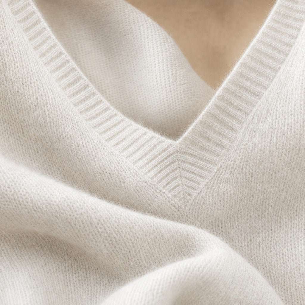 Luise | Feinstrick-Pullover mit V-Ausschnitt Weiß – Stoff- und Detailaufnahme
