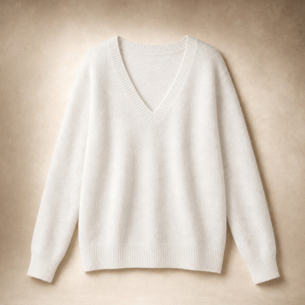 Luise | Feinstrick-Pullover mit V-Ausschnitt Weiß – Produktfoto