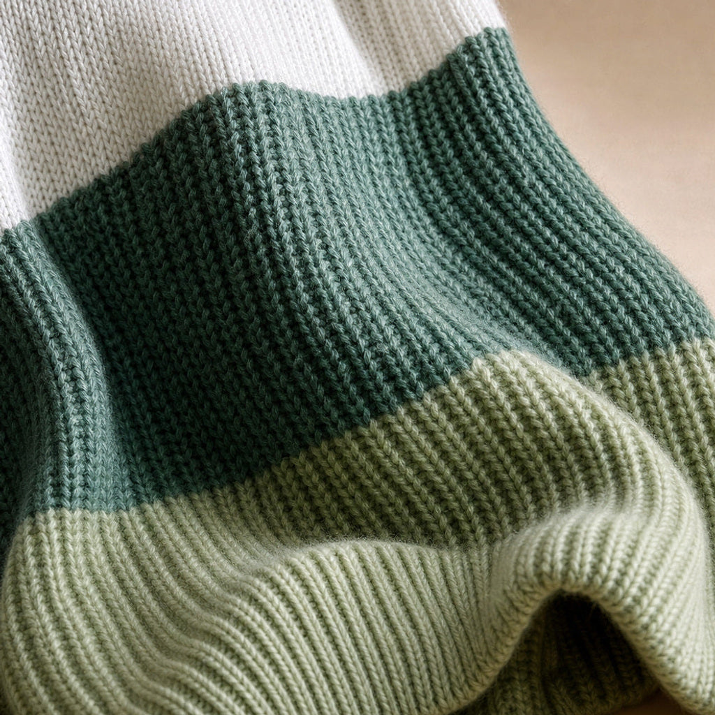 Luitgarde | Color-Block Pullover mit Rollkragen Grün – Stoff- und Detailaufnahme