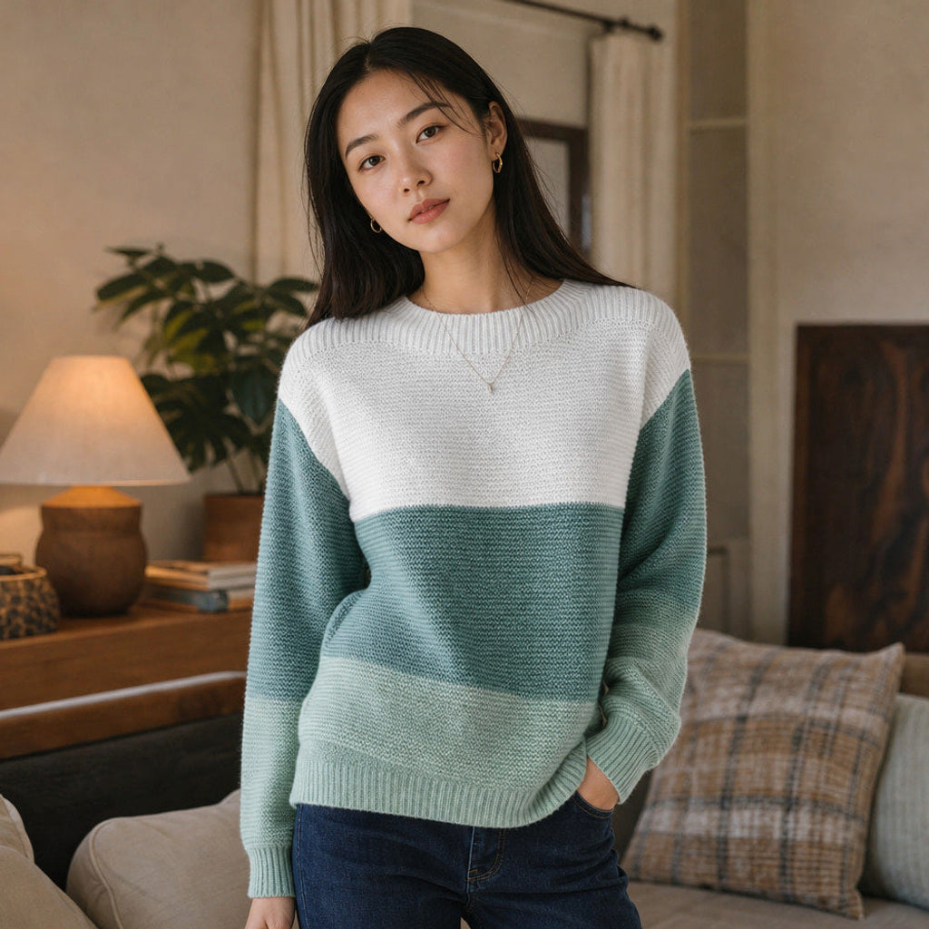 Luitgarde | Color-Block Pullover mit Rollkragen Grün – Gestyltes Editorial-Foto