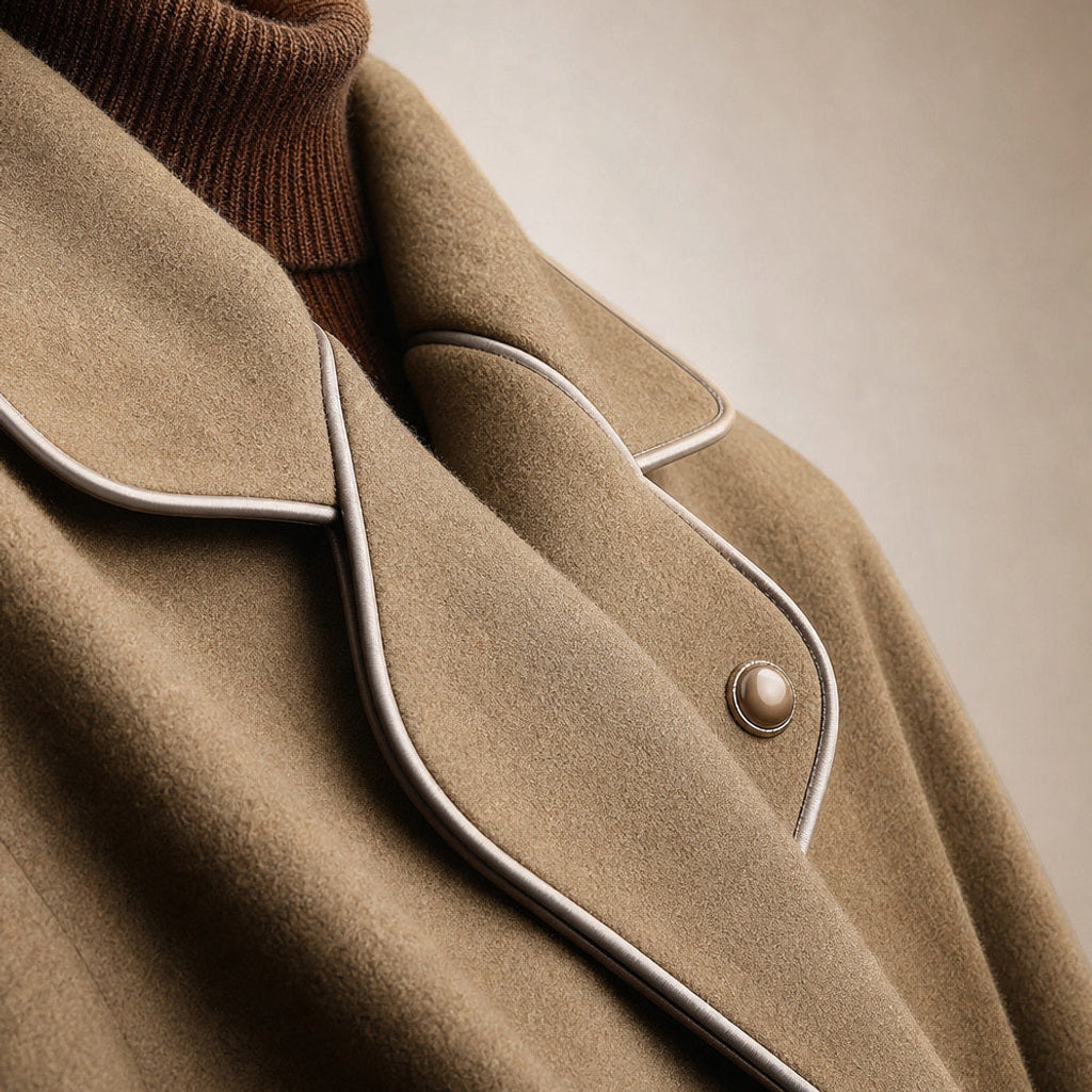 Lukas | Kurzer Trenchcoat mit Bindegürtel Braun – Stoff- und Detailaufnahme