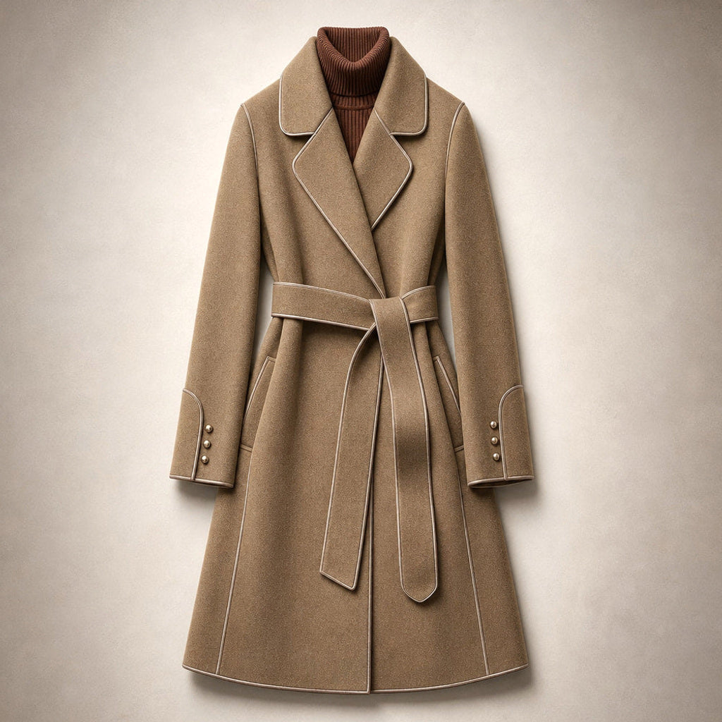 Lukas | Kurzer Trenchcoat mit Bindegürtel Braun – Flatlay-Produktfoto