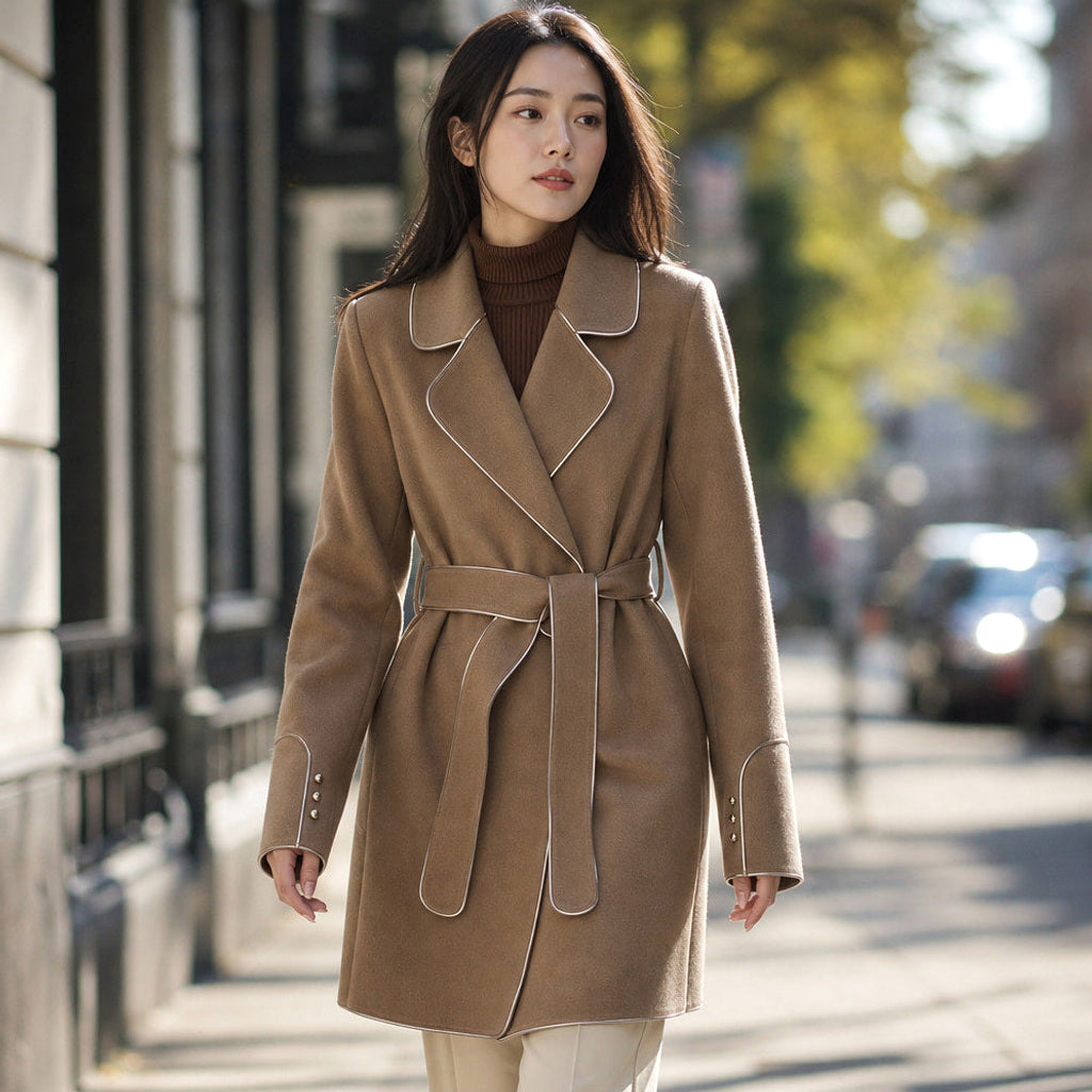 Lukas | Kurzer Trenchcoat mit Bindegürtel Braun – Gestyltes Editorial-Foto