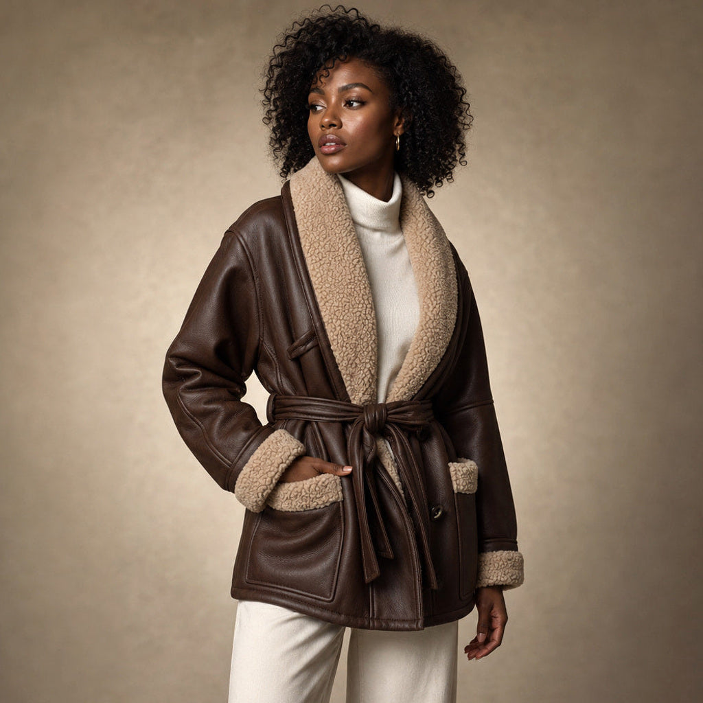 Machtild | Boucle Jacke mit Bindegürtel Braun Braun – Seitenansicht