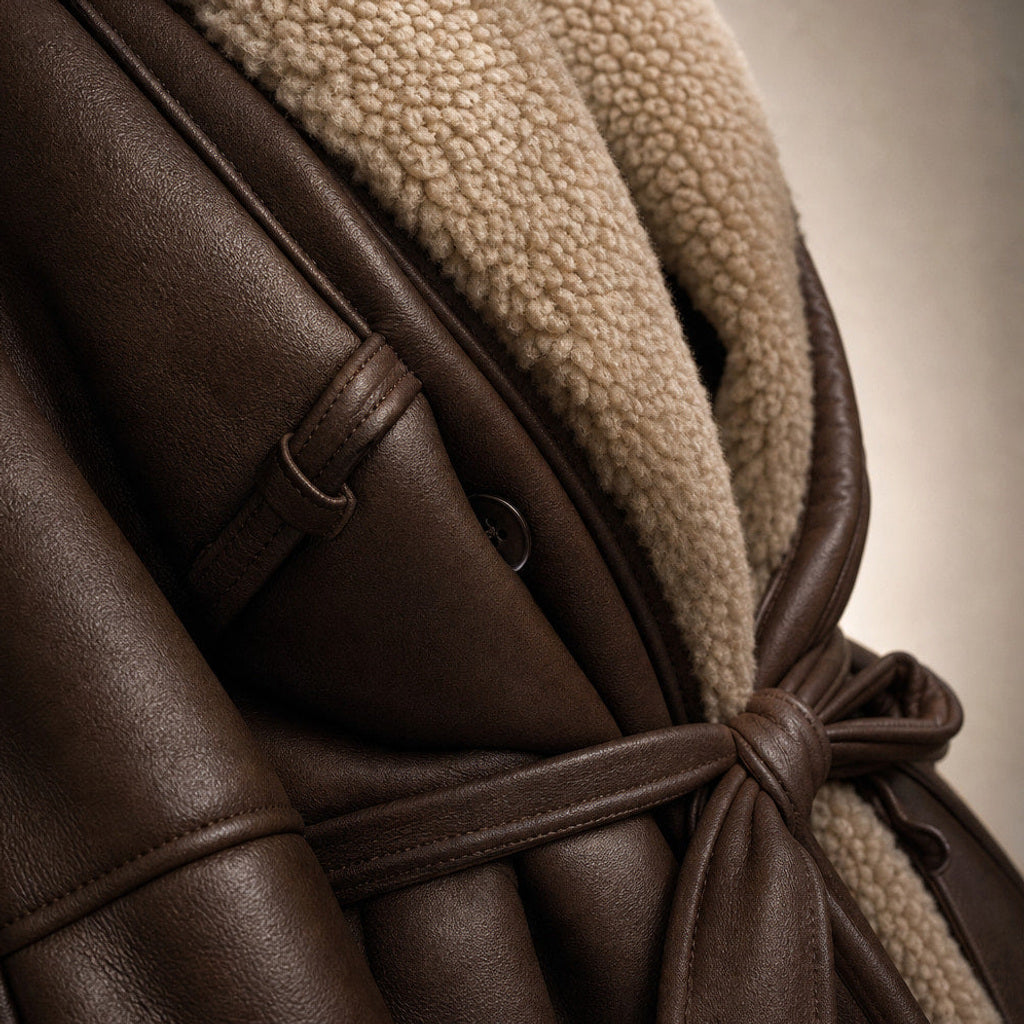 Machtild | Boucle Jacke mit Bindegürtel Braun Braun – Stoff- und Detailaufnahme