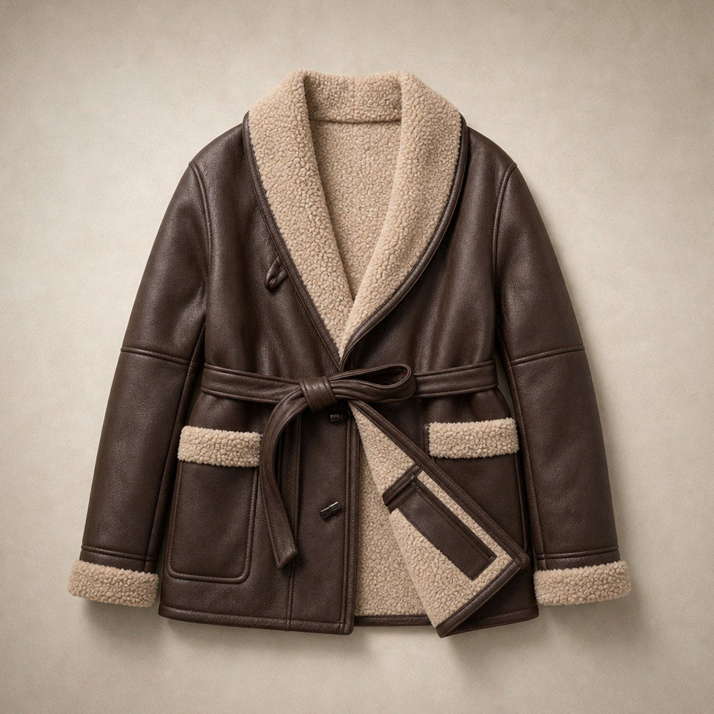 Machtild | Boucle Jacke mit Bindegürtel Braun Braun – Flatlay-Produktfoto
