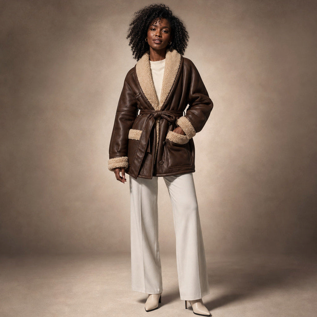 Machtild | Boucle Jacke mit Bindegürtel Braun Braun – Gesamtlook