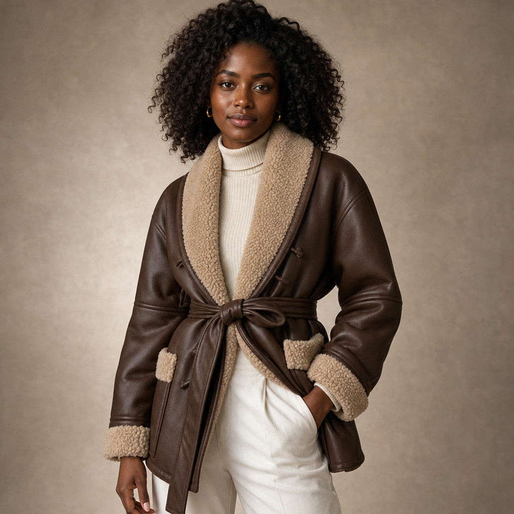 Machtild | Boucle Jacke mit Bindegürtel Braun Braun – Produktfoto