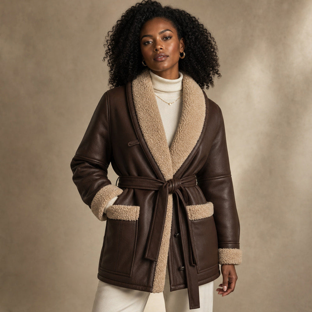 Machtild | Boucle Jacke mit Bindegürtel Braun in Braun – Premium Editorial