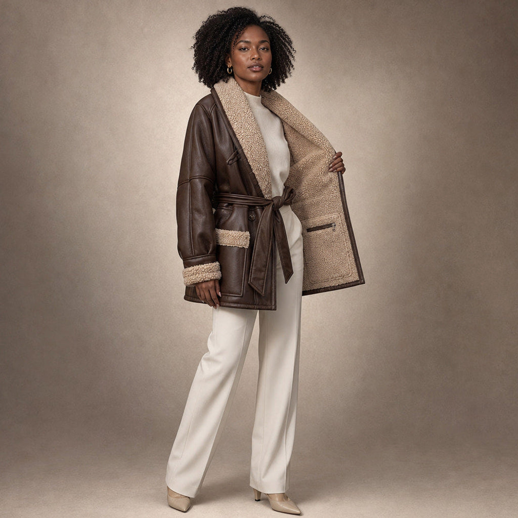 Machtild | Boucle Jacke mit Bindegürtel Braun Braun – Innenfutter im Detail