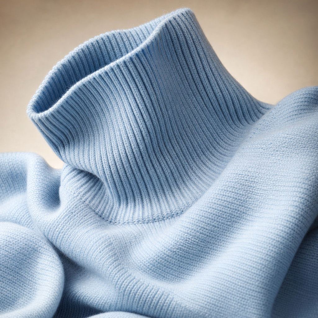 Machtilde | Rollkragenpullover Oversized mit Rippstrick Hellblau – Stoff- und Detailaufnahme