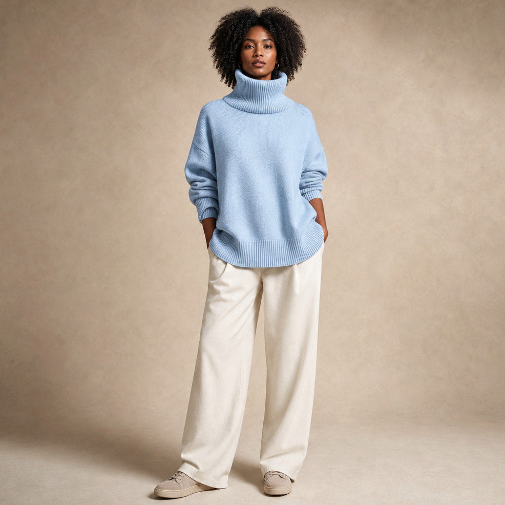 Machtilde | Rollkragenpullover Oversized mit Rippstrick Hellblau – Gesamtlook