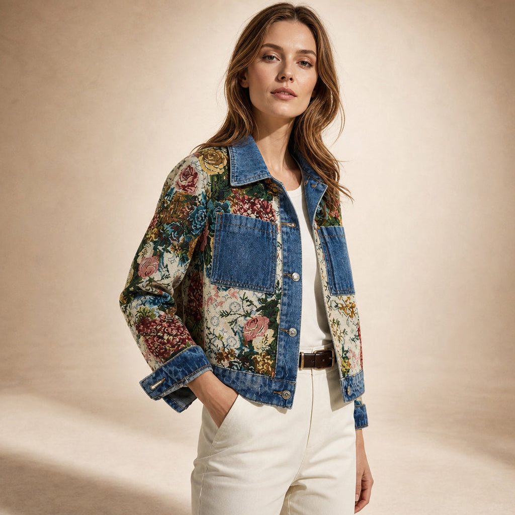 Madlen | Jeansjacke mit Blumenstickerei kurz geschnitten Dunkelblau – Seitenansicht