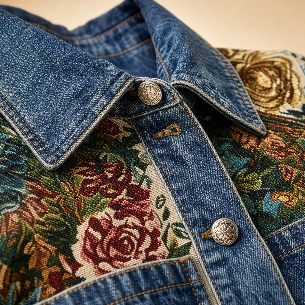 Madlen | Jeansjacke mit Blumenstickerei kurz geschnitten Dunkelblau – Stoff- und Detailaufnahme