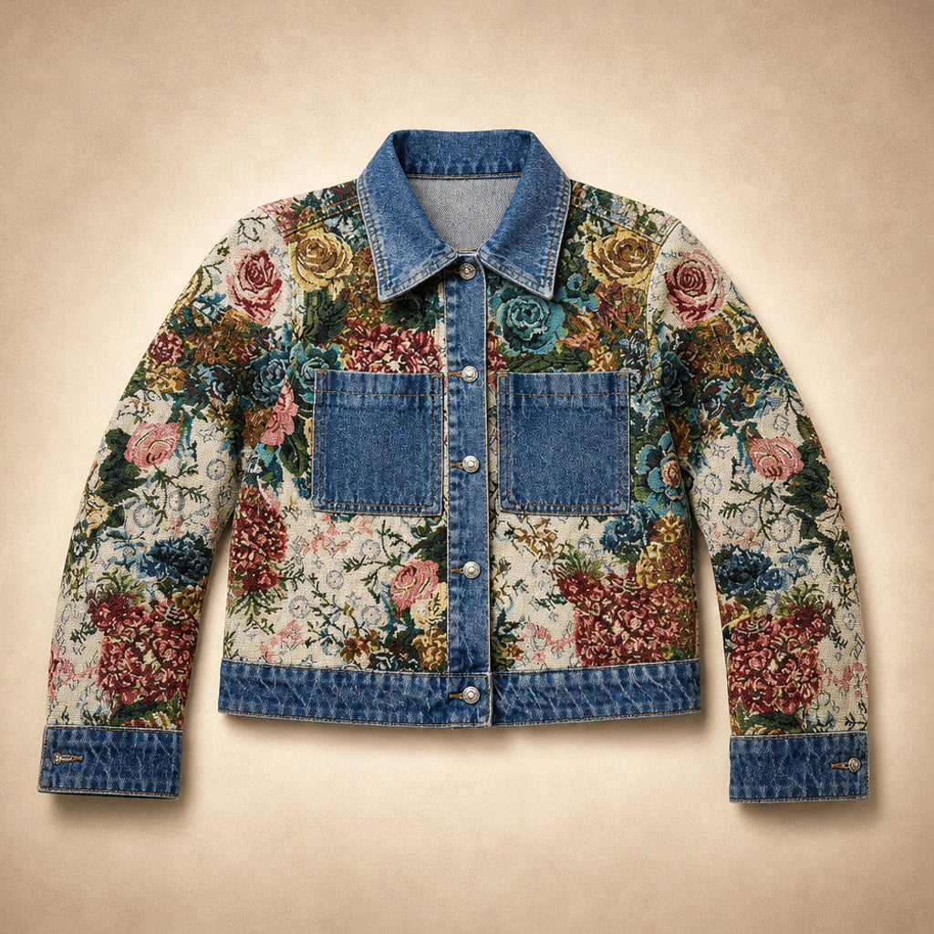 Madlen | Jeansjacke mit Blumenstickerei kurz geschnitten Dunkelblau – Flatlay-Produktfoto