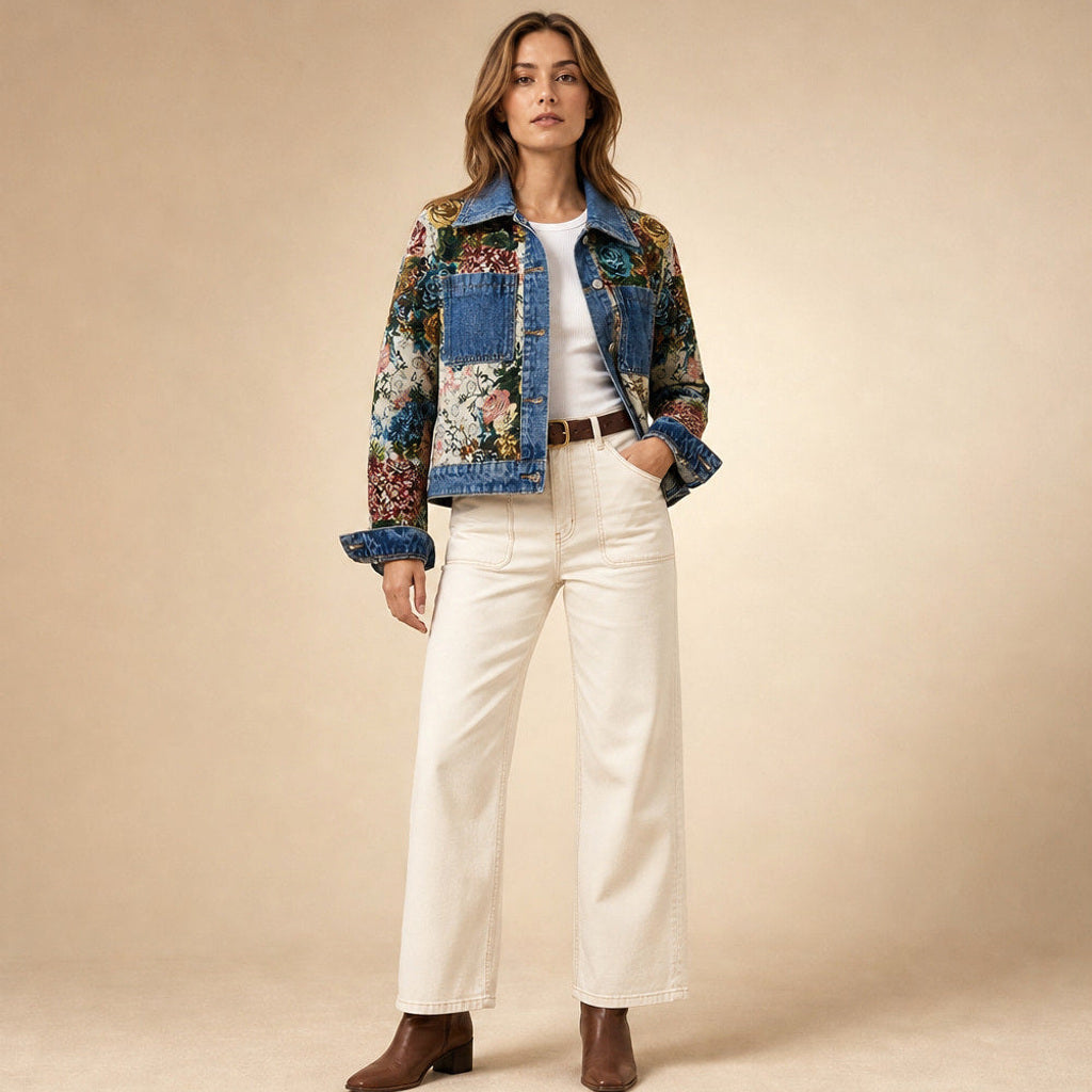 Madlen | Jeansjacke mit Blumenstickerei kurz geschnitten Dunkelblau – Gesamtlook