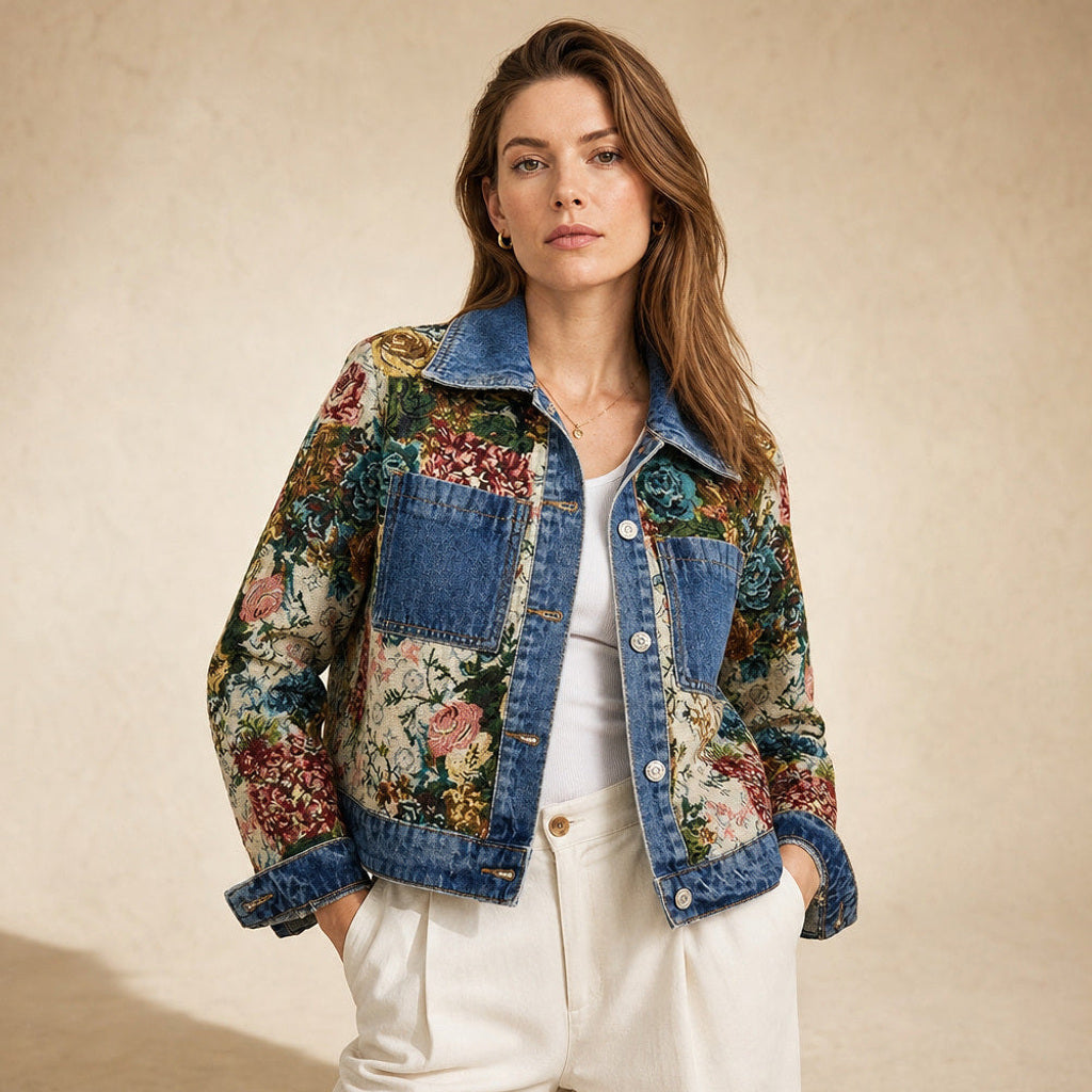 Madlen | Jeansjacke mit Blumenstickerei kurz geschnitten Dunkelblau – Produktfoto
