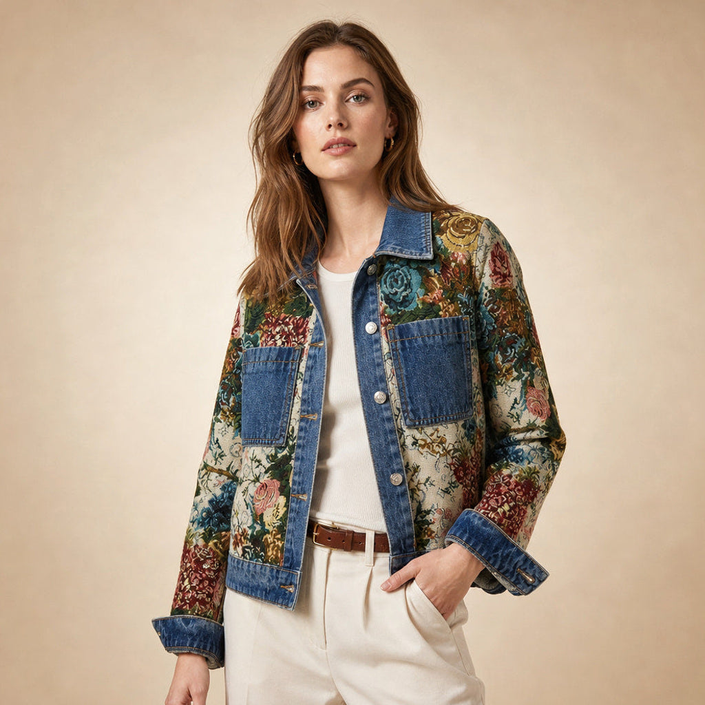 Madlen | Jeansjacke mit Blumenstickerei kurz geschnitten in Dunkelblau – Premium Editorial
