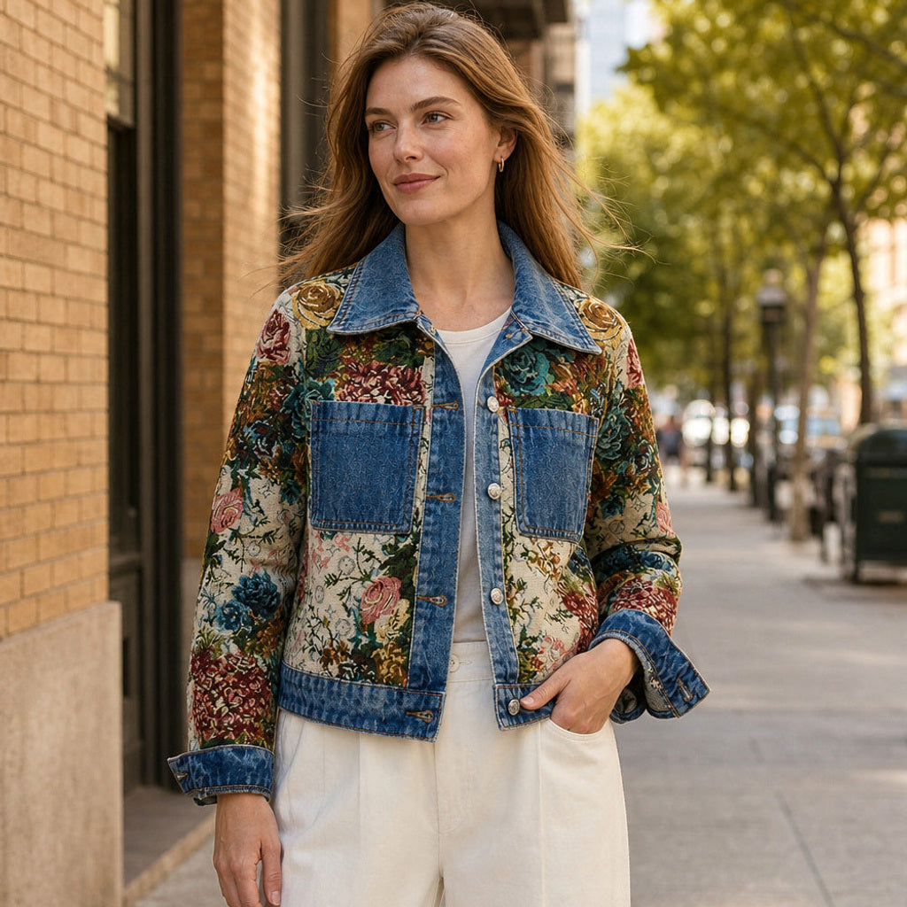 Madlen | Jeansjacke mit Blumenstickerei kurz geschnitten Dunkelblau – Gestyltes Editorial-Foto