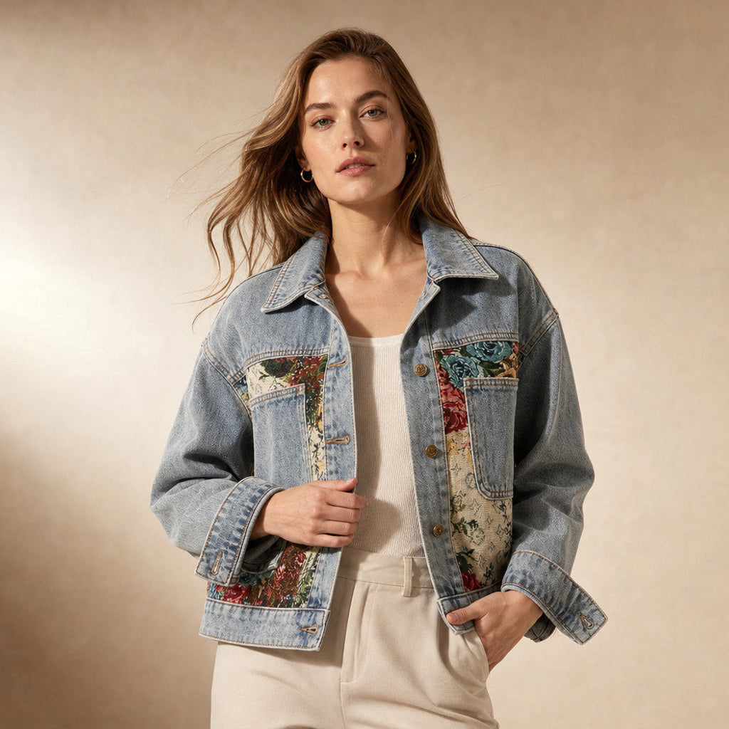 Madlen | Jeansjacke mit Blumenstickerei kurz geschnitten Hellblau – Produktfoto