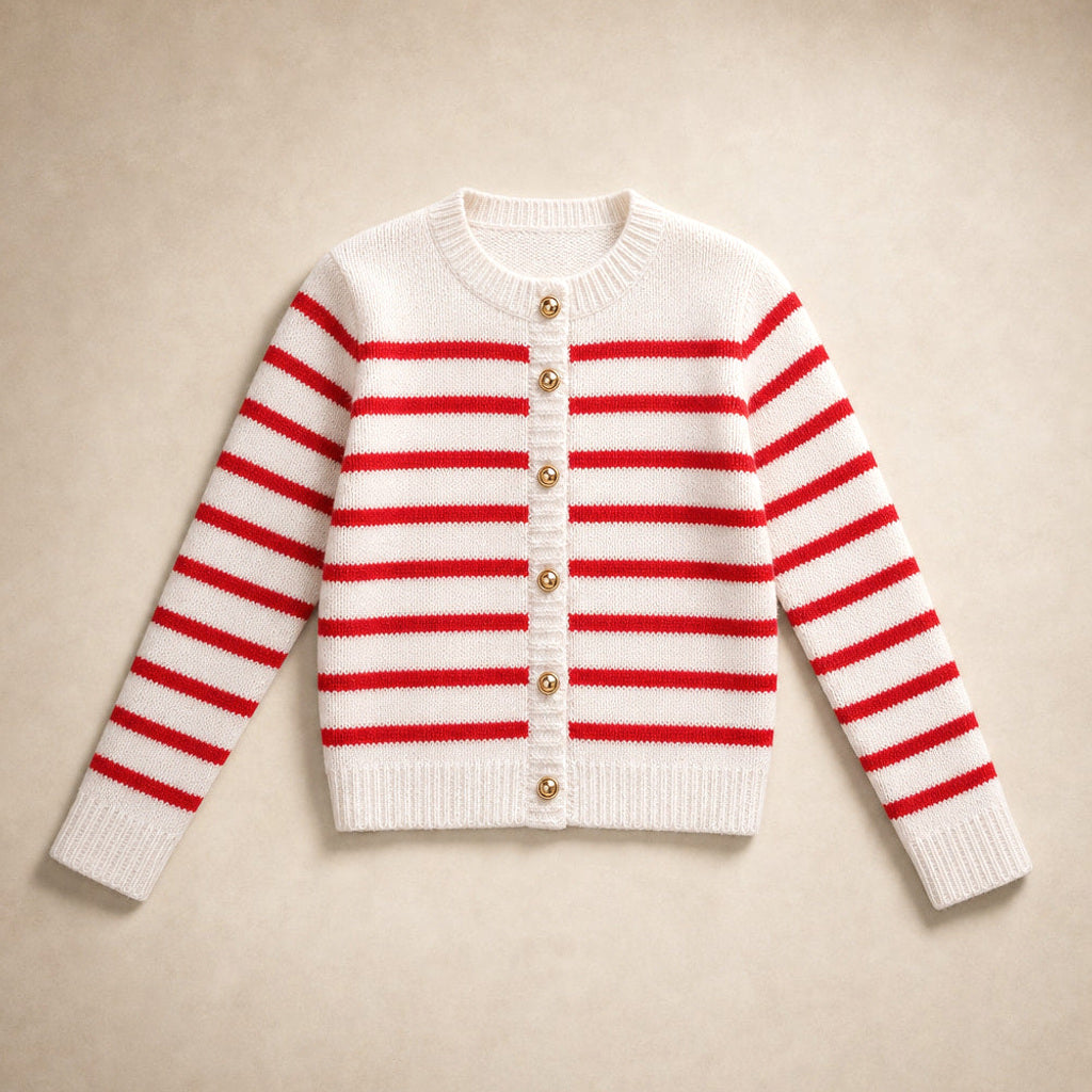 Magdalene | Strickjacke mit Streifen und Knopfleiste Rot – Produktfoto