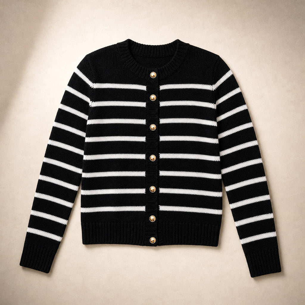 Magdalene | Strickjacke mit Streifen und Knopfleiste Schwarz – Produktfoto