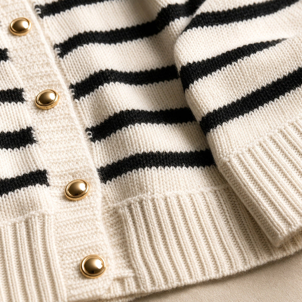 Magdalene | Strickjacke mit Streifen und Knopfleiste Weiß – Stoff- und Detailaufnahme