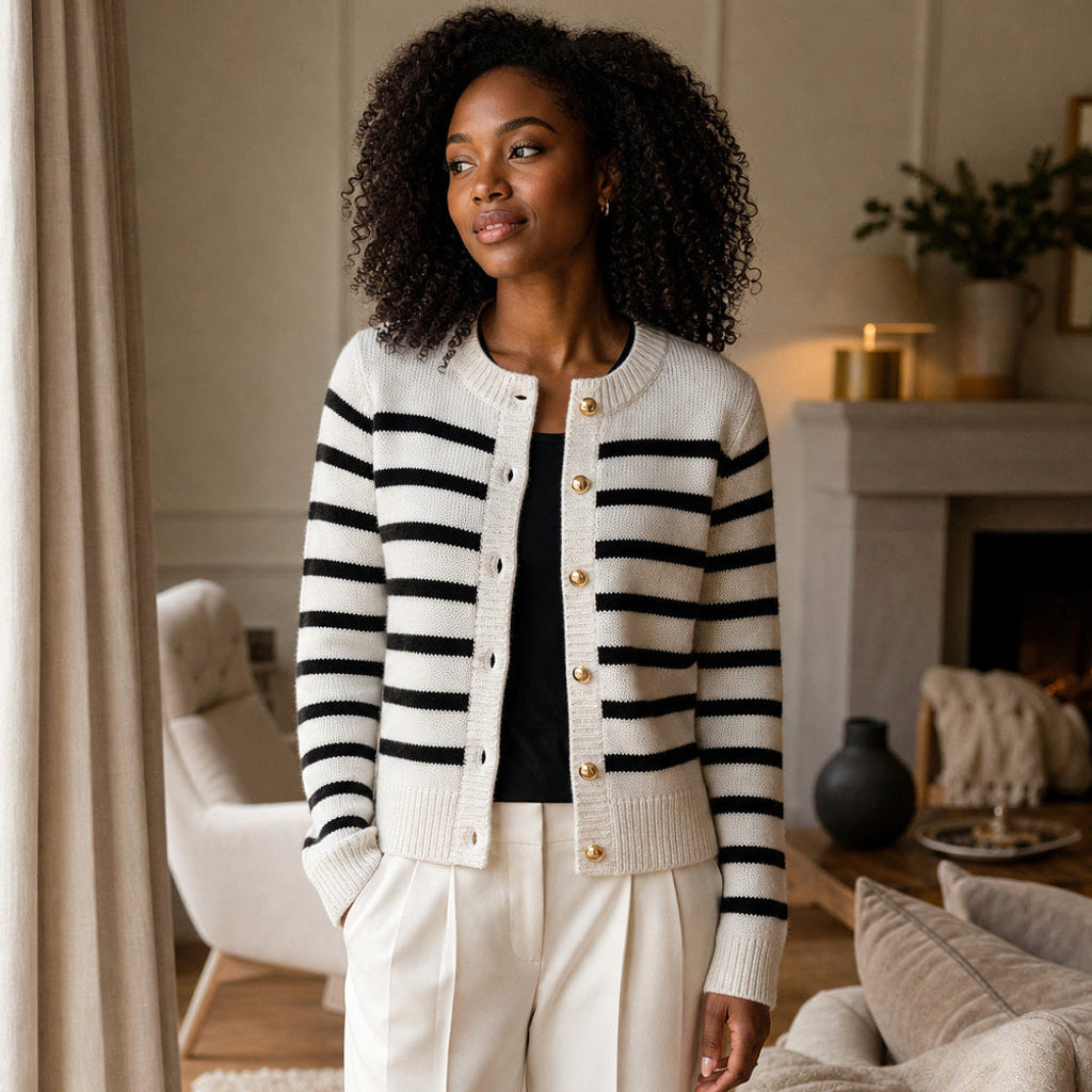 Magdalene | Strickjacke mit Streifen und Knopfleiste Weiß – Gestyltes Editorial-Foto