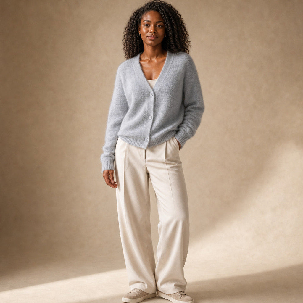 Maja | Pullover mit V-Ausschnitt und Knopfleiste in Grau – Premium Editorial
