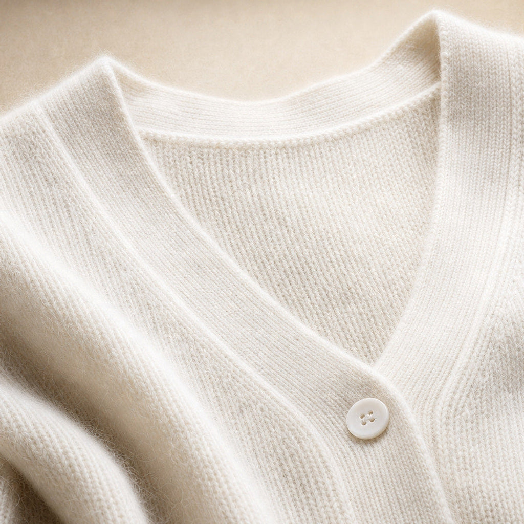 Maja | Pullover mit V-Ausschnitt und Knopfleiste Weiß – Stoff- und Detailaufnahme