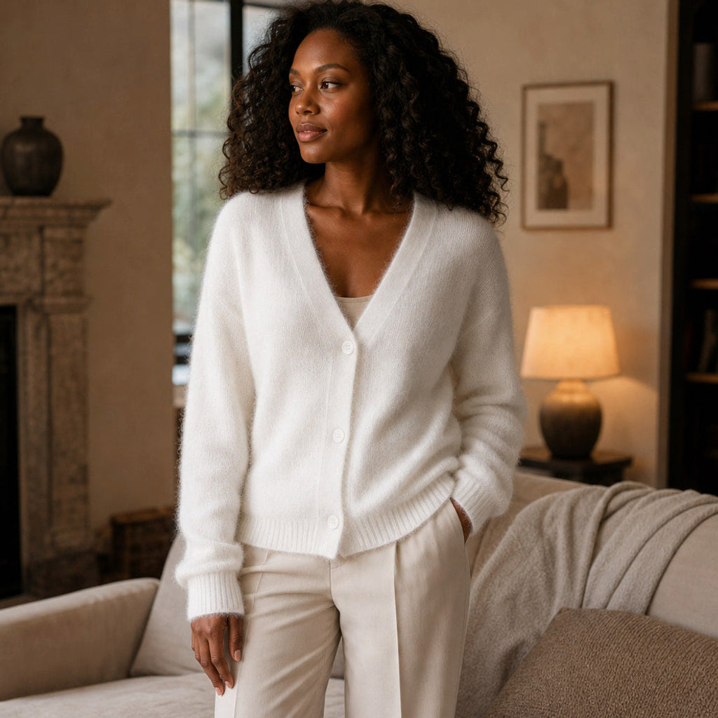 Maja | Pullover mit V-Ausschnitt und Knopfleiste Weiß – Gestyltes Editorial-Foto