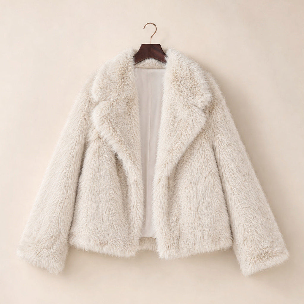 Margareta | Zottelmantel mit breitem Revers Beige / Weiß – Produktfoto