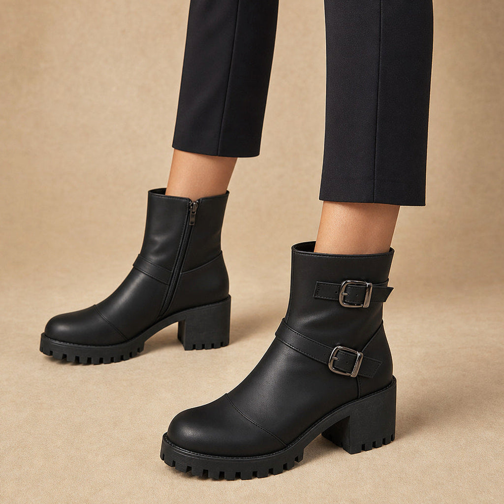 Margarethe | Chelsea Boots mit Schnallenriemen und Profilsohle in Schwarz – Premium Editorial