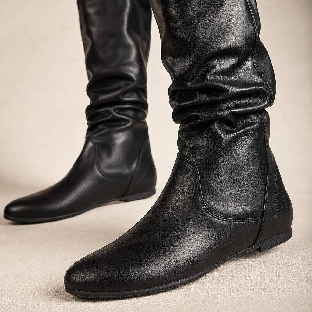 Margot | Overknee Stiefel mit gerafftem Schaft Schwarz – Stoff- und Detailaufnahme