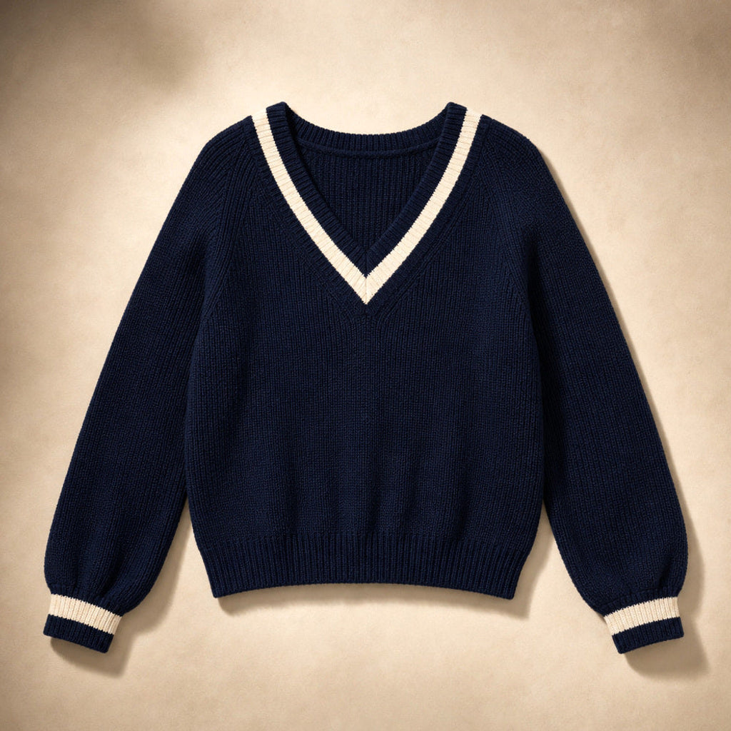 Mechthild | Strickpullover mit V-Ausschnitt und Kontrastkante Blau – Produktfoto