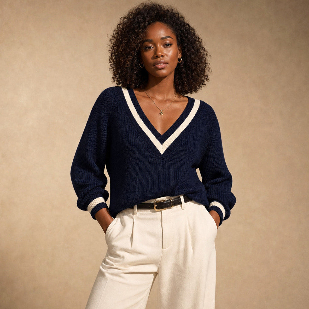 Mechthild | Strickpullover mit V-Ausschnitt und Kontrastkante in Blau – Premium Editorial