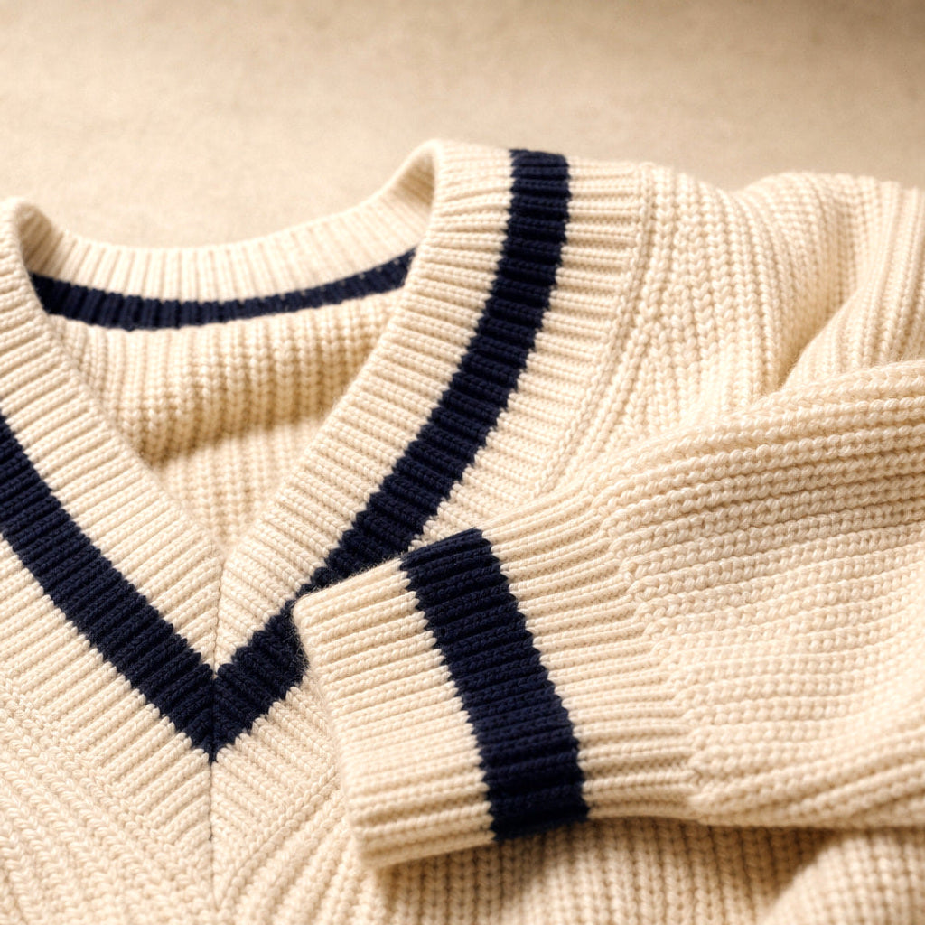 Mechthild | Strickpullover mit V-Ausschnitt und Kontrastkante Weiß – Stoff- und Detailaufnahme