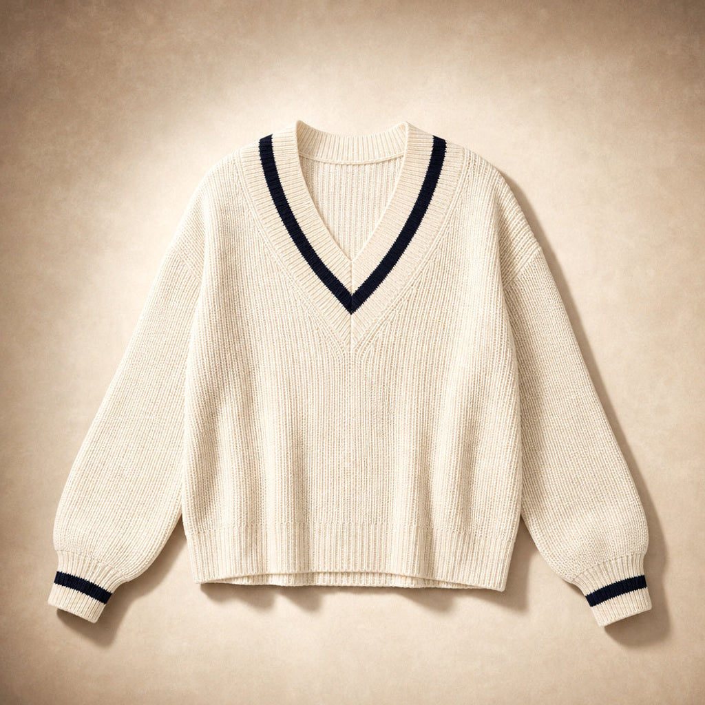 Mechthild | Strickpullover mit V-Ausschnitt und Kontrastkante Weiß – Produktfoto