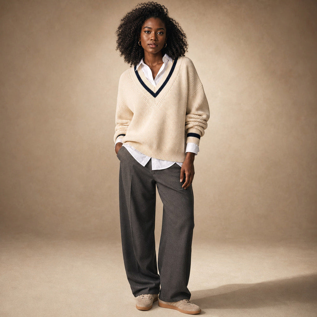 Mechthild | Strickpullover mit V-Ausschnitt und Kontrastkante in Weiß – Premium Editorial