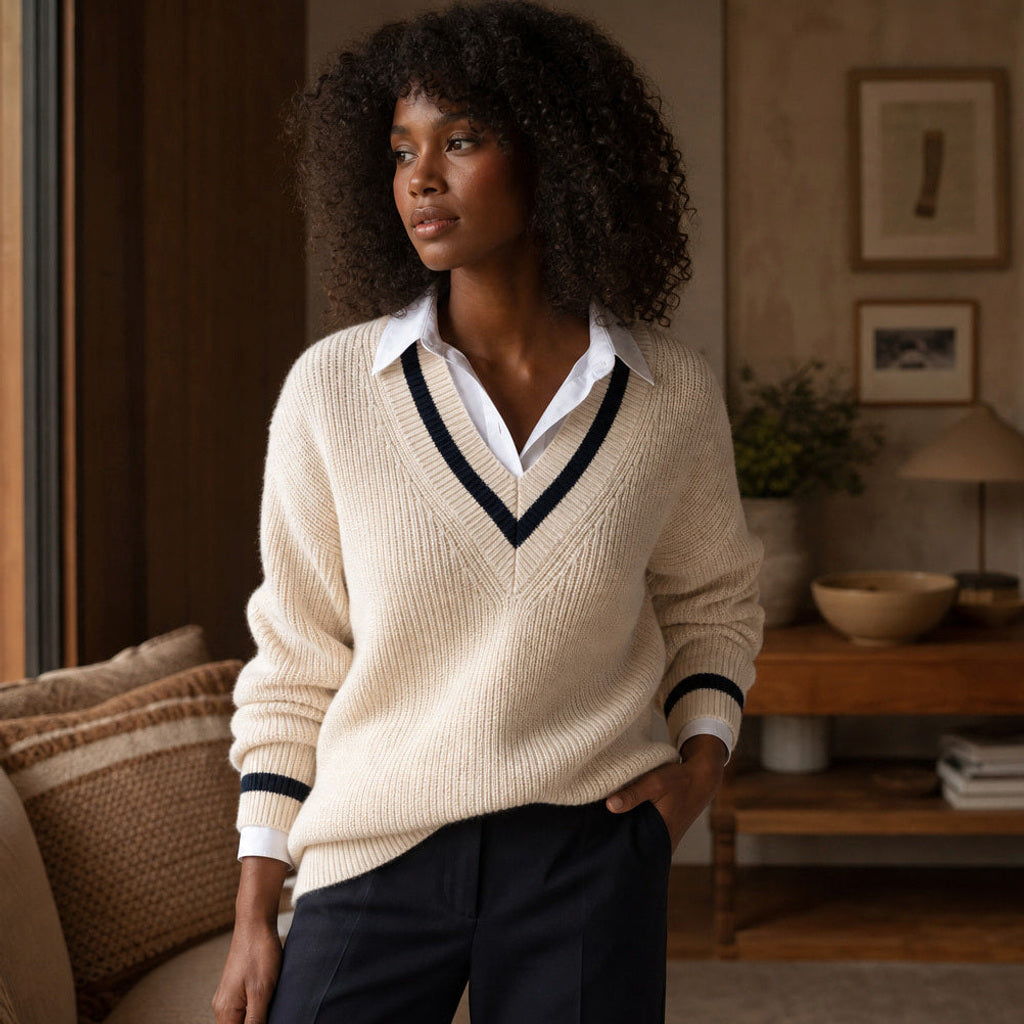 Mechthild | Strickpullover mit V-Ausschnitt und Kontrastkante Weiß – Gestyltes Editorial-Foto