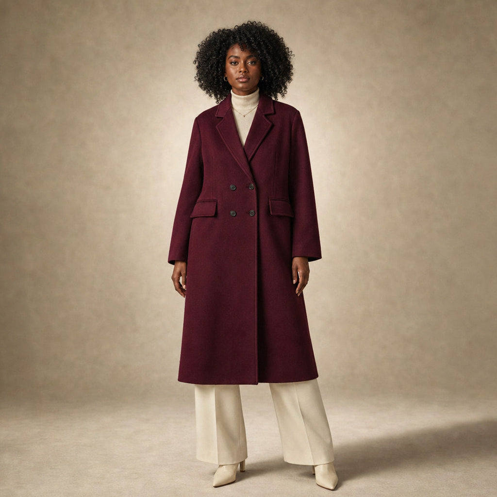 Meike | Kurzer Trenchcoat mit zweireihiger Knopfleiste in Bordeaux – Premium Editorial