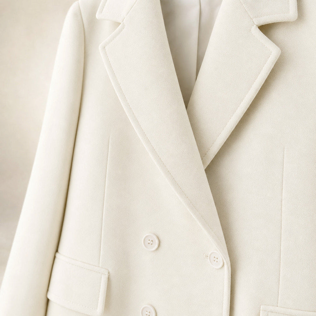 Meike | Kurzer Trenchcoat mit zweireihiger Knopfleiste Weiß – Stoff- und Detailaufnahme
