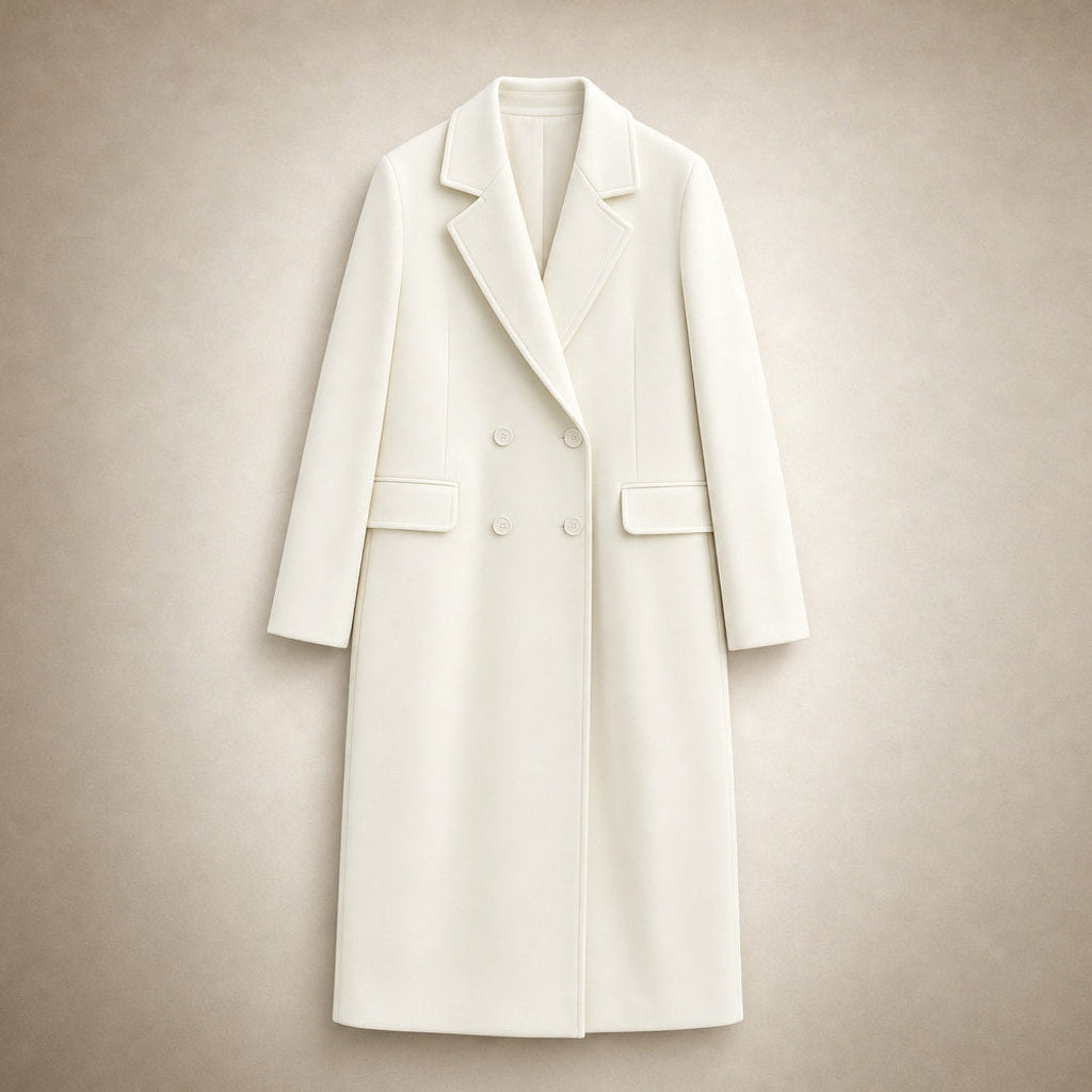 Meike | Kurzer Trenchcoat mit zweireihiger Knopfleiste Weiß – Flatlay-Produktfoto