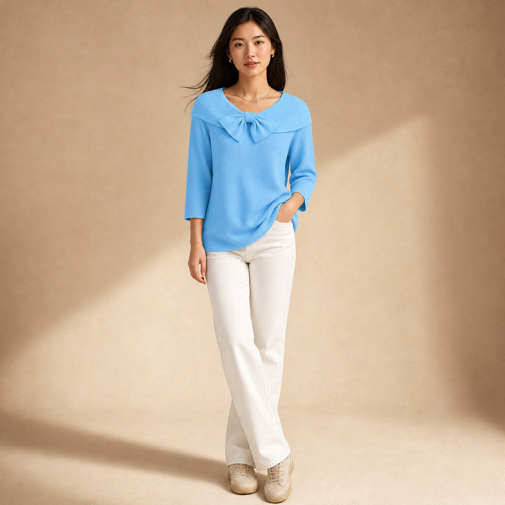 Meta | Strickpullover mit Schleife am Ausschnitt Blau – Gesamtlook
