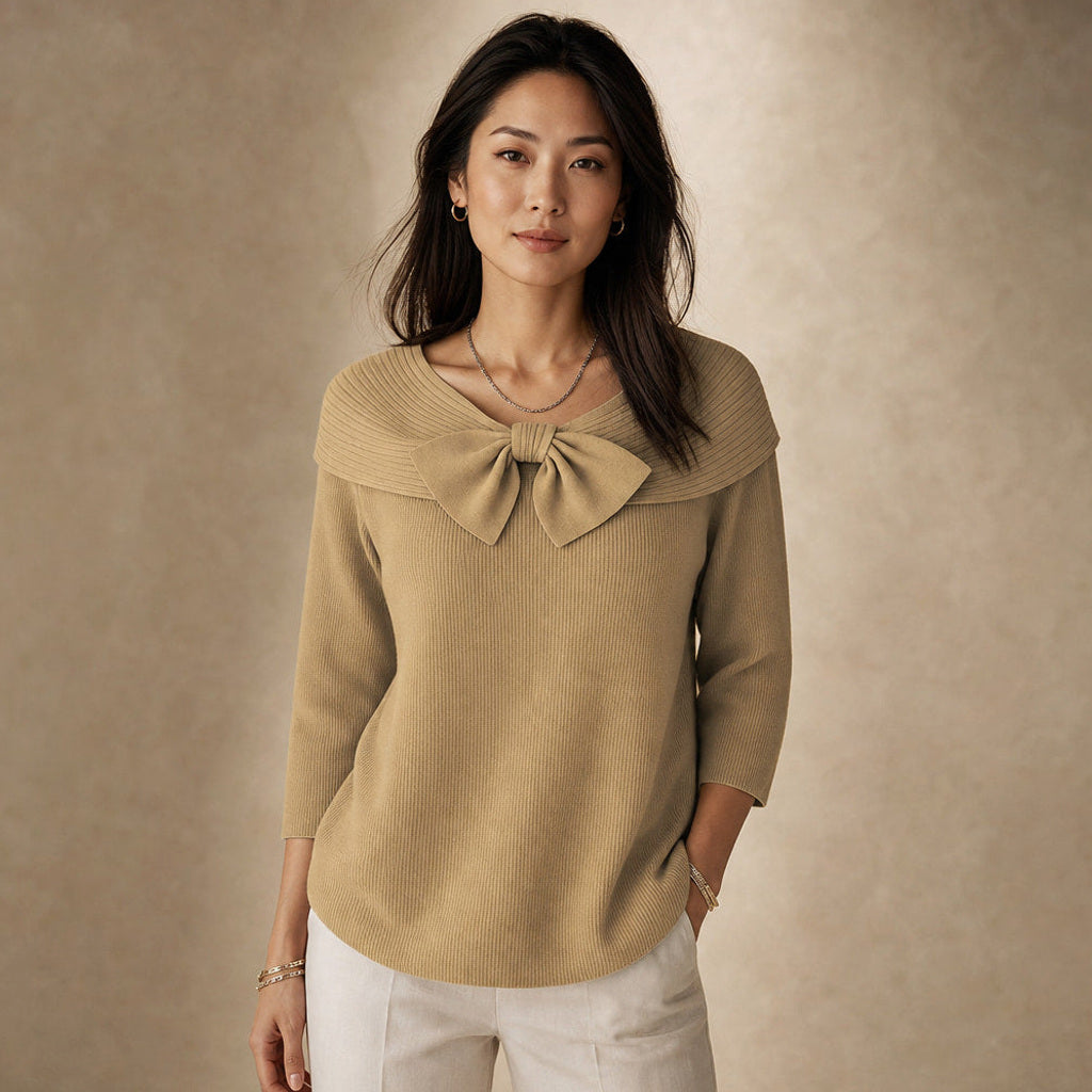Meta | Strickpullover mit Schleife am Ausschnitt in Khaki – Premium Editorial
